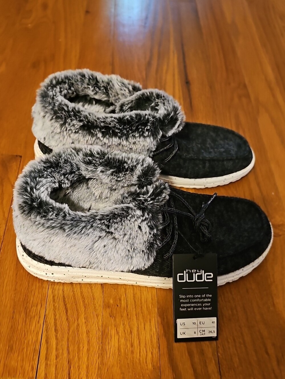 Hey Dude Black Felt Slip-On Shoes with Gray Faux Fur Collar